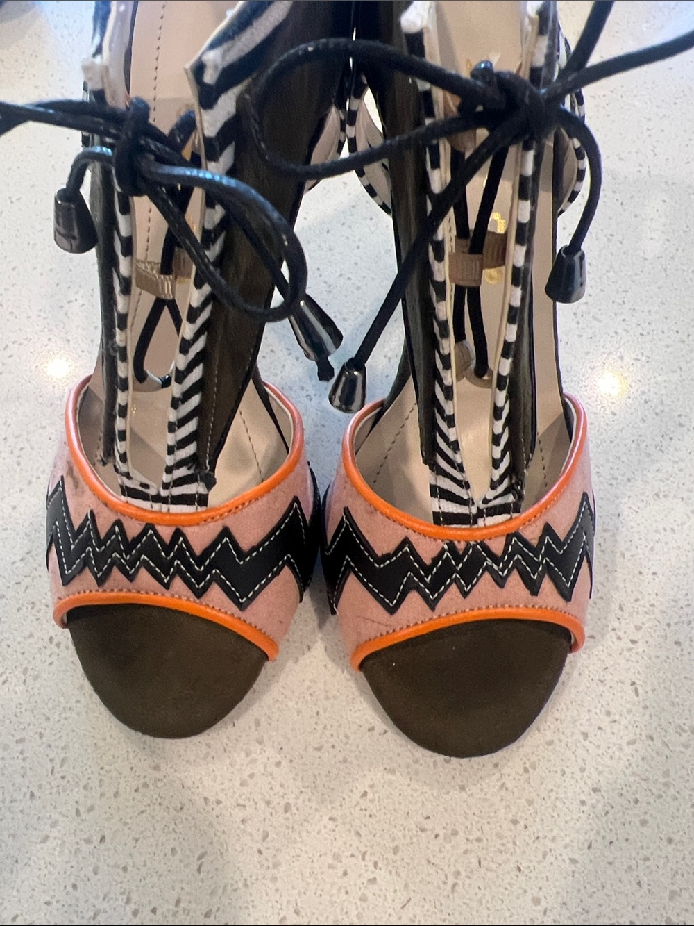 Womens Pink and Black Zigzag Lace-Up Sandals
